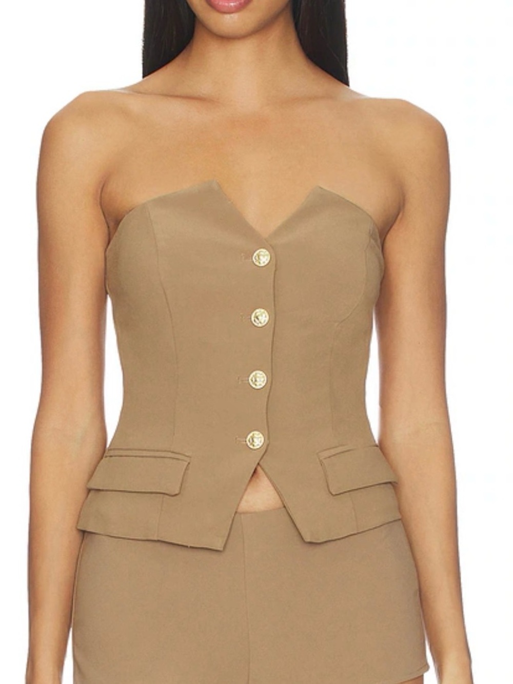 MORE TO COME Twila Strapless Top in Tan Suiting